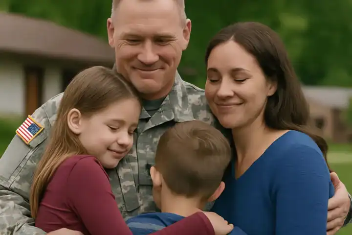 Veteran embracing his family.