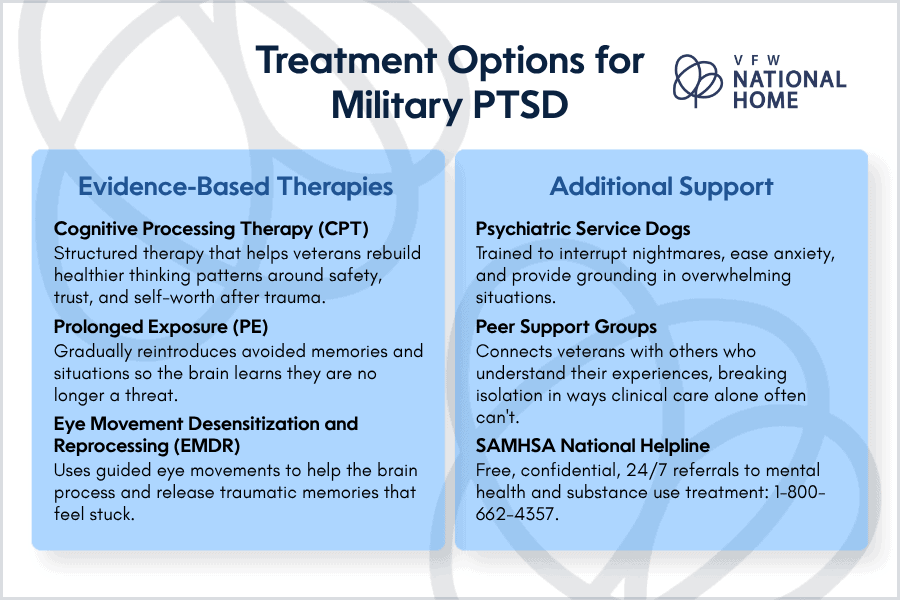 Six treatment options for military PTSD with short descriptions.